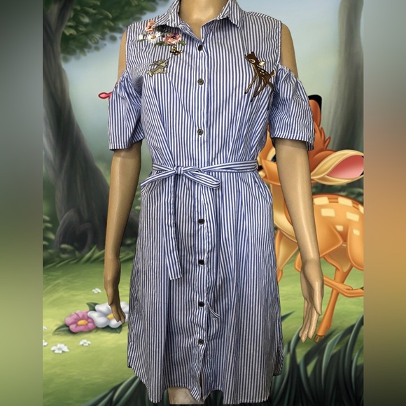 Disney Bambi Embroidered Cold Shoulder Shirt Dress ,Tie Waist Size Small 8-10 - Picture 2 of 10